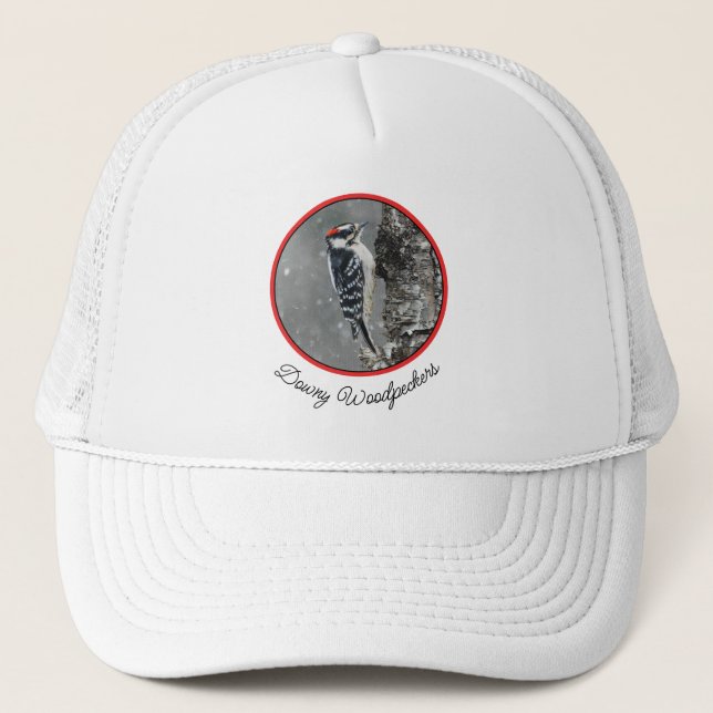 Downy Woodpecker in Snow - Original Photograph Trucker Hat (Front)