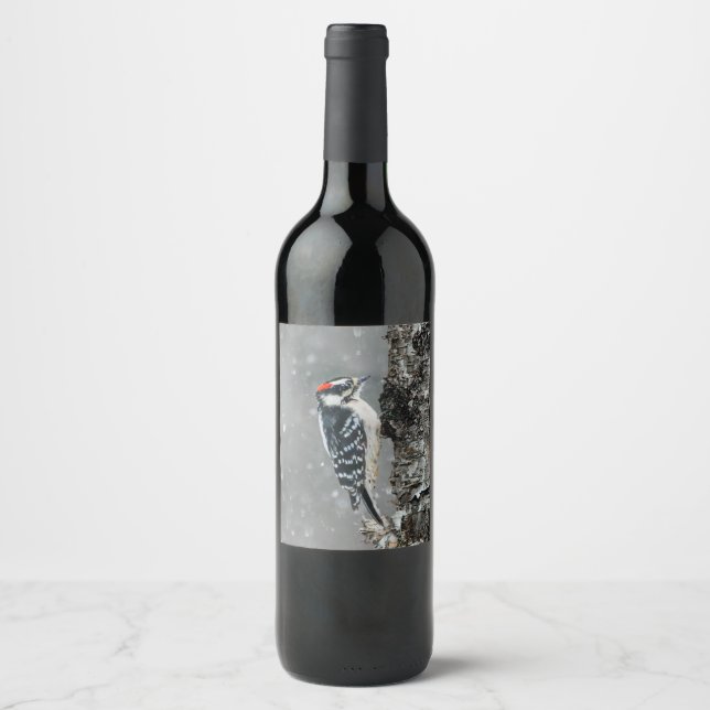 Downy Woodpecker in Snow - Original Photograph Wine Label (Front)