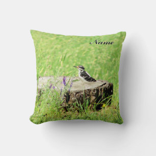 Downy Woodpecker on a Stump Your Name Cushion