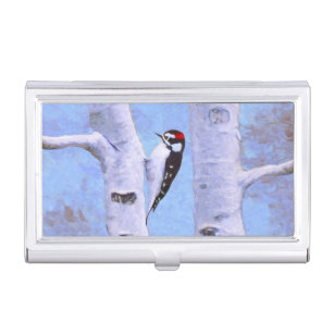 Downy Woodpecker Painting - Original Bird Art Business Card Holder