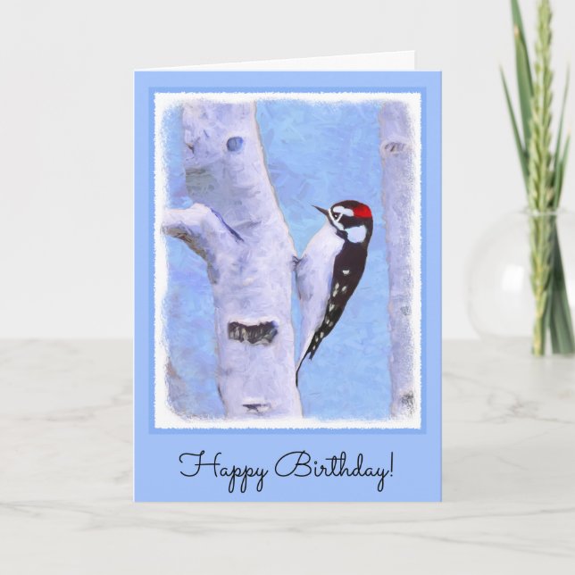 Downy Woodpecker Painting - Original Bird Art Card (Front)
