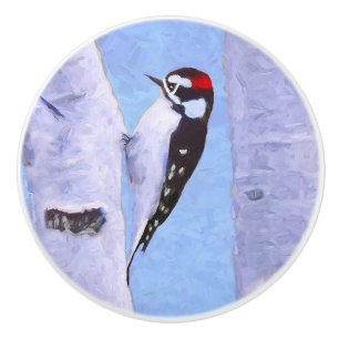 Downy Woodpecker Painting - Original Bird Art Ceramic Knob