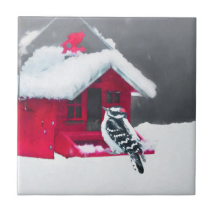 Downy Woodpecker Painting - Original Bird Art Ceramic Tile