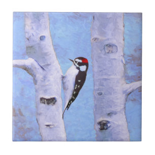 Downy Woodpecker Painting - Original Bird Art Ceramic Tile