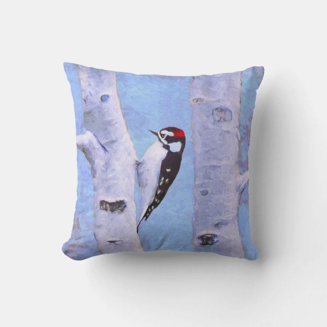 Downy Woodpecker Painting - Original Bird Art Cushion (Front)