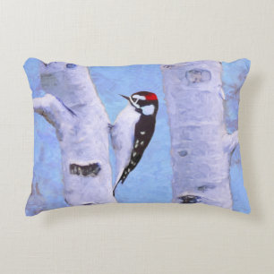Downy Woodpecker Painting - Original Bird Art Decorative Cushion