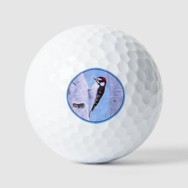 Downy Woodpecker Painting - Original Bird Art Golf Balls (Front)