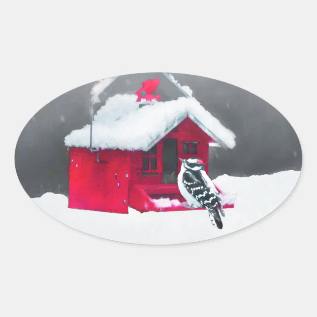 Downy Woodpecker Painting - Original Bird Art Oval Sticker 