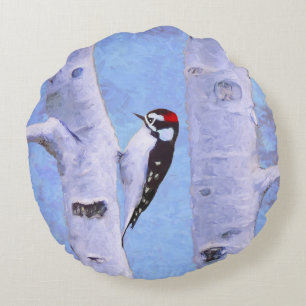 Downy Woodpecker Painting - Original Bird Art Round Cushion