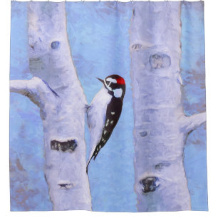 Downy Woodpecker Painting - Original Bird Art Shower Curtain