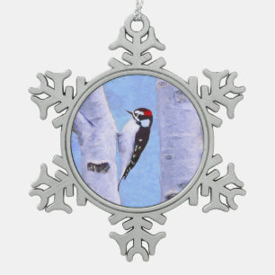 Downy Woodpecker Painting - Original Bird Art Snowflake Pewter Christmas Ornament