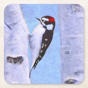 Downy Woodpecker Painting - Original Bird Art Square Paper Coaster