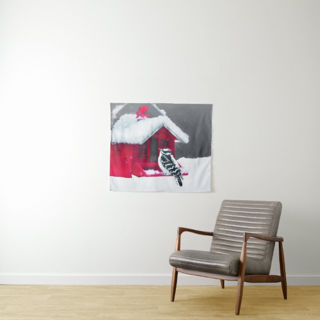 Downy Woodpecker Painting - Original Bird Art Tapestry (In Situ (Horizontal))