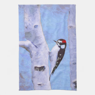 Downy Woodpecker Painting - Original Bird Art Tea Towel