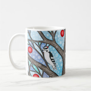 downy woodpeckers in the stained glass tree Xmas Coffee Mug