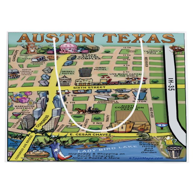 Dowtown Austin Texas Fun Map Large Gift Bag (Front)