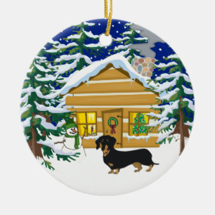 Doxie Christmas Log Cabin Ceramic Ornament