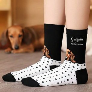 Doxie Dachshund Dog Paw Print Black White Custom Socks