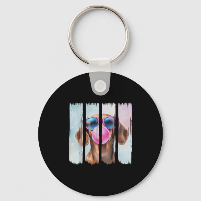 Doxie Dog Blowing Bubblegum Wearing Gles Cute Dach Key Ring (Front)