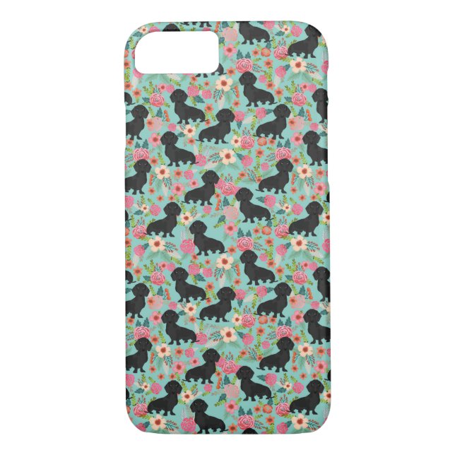 Doxie Floral phone case - black doxie  - mint (Back)