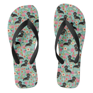 Doxie Florals Flip Flops - black and tan doxie