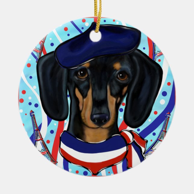 Doxie in Paris Ceramic Ornament (Front)