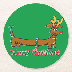 Doxie-Merry-Christmas Round Paper Coaster