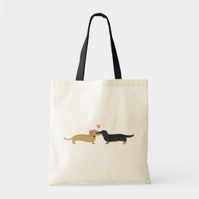 Doxie Smooch with Heart | Wiener Dogs Cartoon Tote Bag (Front)