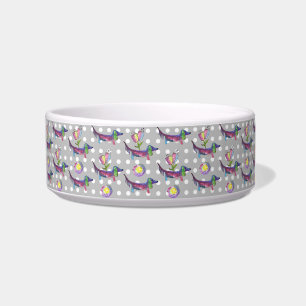 doxies with flowers dog bowl