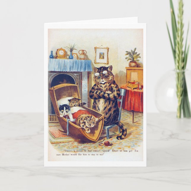 Dozing Cat and Baby Cat, Louis Wain Card (Front)