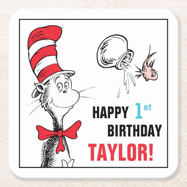 Dr. Seuss | Cat in the Hat Birthday Square Paper Coaster (Front)