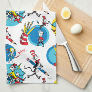 Dr. Seuss Characters With Pencils Pattern Tea Towel