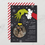 Dr. Seuss | Grinch Chalkboard Baby Shower Invitation<br><div class="desc">Celebrate the upcoming arrival of your little one with our delightful Grinch-themed baby shower invitations! These charming invitations feature a whimsical chalkboard background adorned with delicate snowflakes, perfectly capturing the festive spirit. The mischievous Grinch hand, holding an ornament, adds a playful touch, making these invitations truly unique. Customise the ornament...</div>