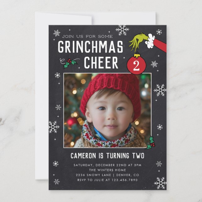 Dr. Seuss | Grinch Chalkboard Photo Birthday Invitation (Front)