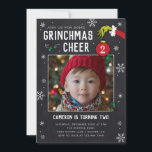 Dr. Seuss | Grinch Chalkboard Photo Birthday Invitation<br><div class="desc">Add a touch of whimsical mischief to your birthday celebration with our customisable Grinch Birthday Card! Featuring a charming chalkboard background, this card is perfect for those who love a blend of classic and playful design. The iconic Grinch hand, holding an ornament, adds a fun and festive element that can...</div>