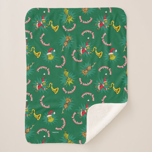 Dr. Seuss | Grinch | Merry Grinchmas Pattern Sherpa Blanket (Front)