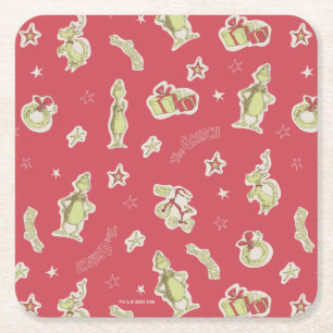 Dr. Seuss   Grinch   Red Christmas Pattern Square Paper Coaster