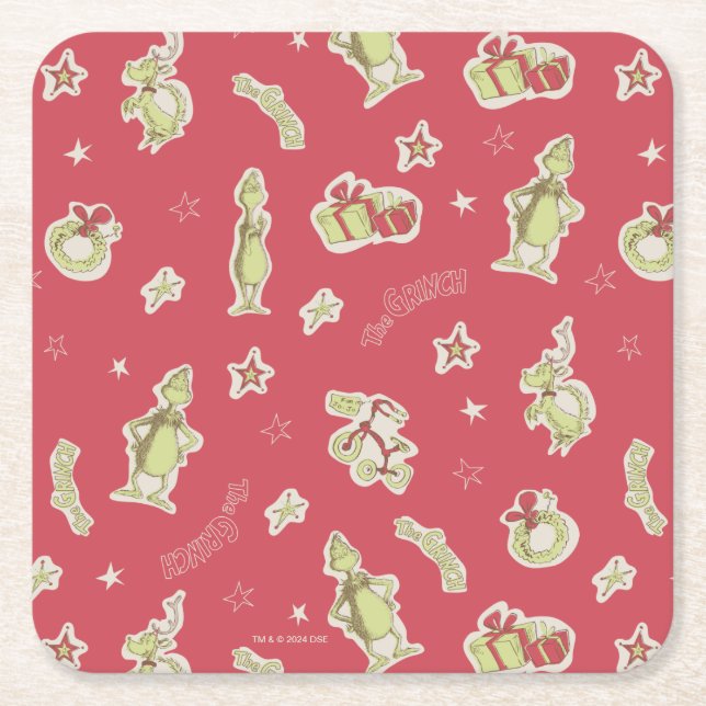 Dr. Seuss | Grinch | Red Christmas Pattern Square Paper Coaster (Front)