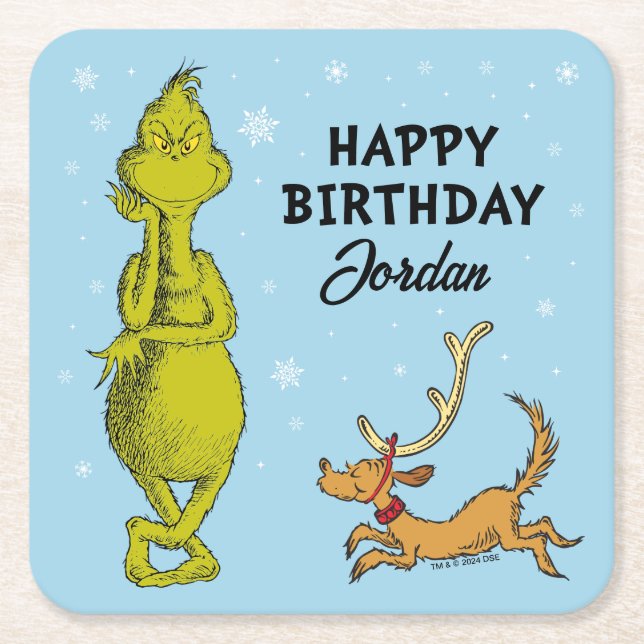 Dr. Seuss | Grinch Winter Birthday Square Paper Coaster (Front)