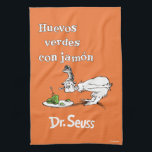 Dr. Seuss Spanish Green Eggs and Ham Tea Towel<br><div class="desc">This design features the Spanish title for the classic Dr. Seuss story, "Huevos verdes con jamón" (Green Eggs and Ham). The artwork displays the sceptical character Guy-Am-I staring down at the iconic plate of green eggs and ham. Complete with the authentic Dr. Seuss logo at the bottom, this illustration is...</div>