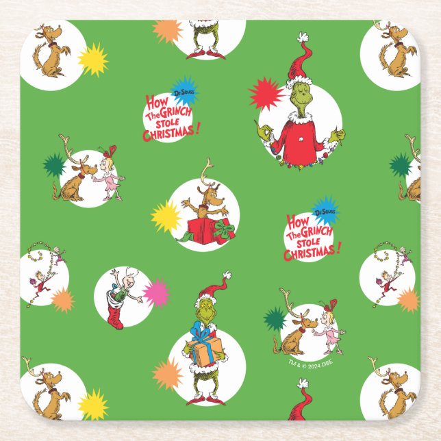 Dr Seuss | The Grinch | Christmas Polka Dots Square Paper Coaster (Front)
