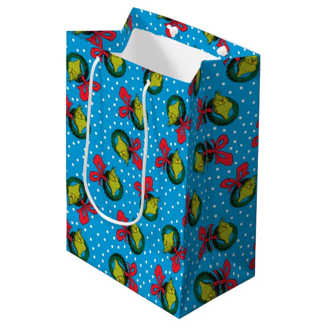Dr Seuss | The Grinch | Christmas Wreath Pattern Medium Gift Bag (Front Angled)