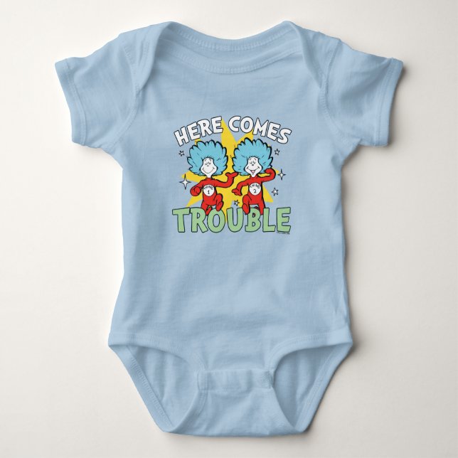 Dr. Seuss | Thing One Thing Two Here Comes Trouble Baby Bodysuit (Front)