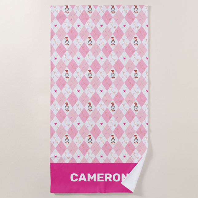 Dr. Seuss Valentine | Pink Argyle Cat in the Hat Beach Towel (Front)