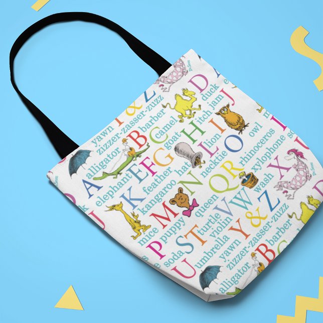 Dr. Seuss's ABC Pattern with Words Tote Bag (Tote bag laying on table)