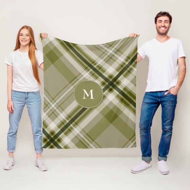 drab olive and beige plaid monogrammed fleece blanket (In Situ)