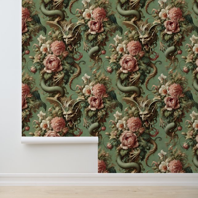 Drac’s Finery – Gothic Dragon Floral  Wallpaper (Application)