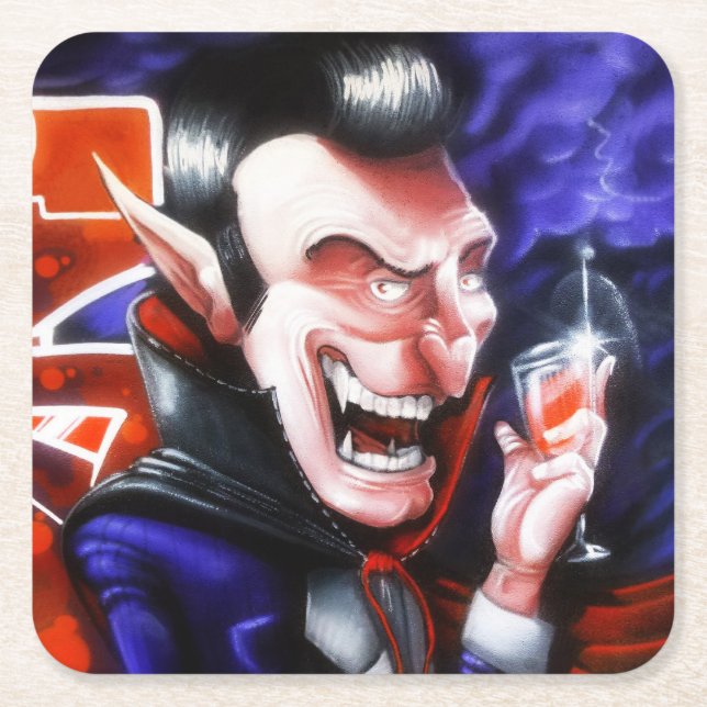 Dracula drinks blood square paper coaster (Front)