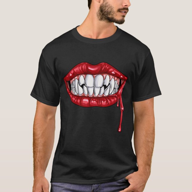 Dracula Vampire Fangs Teeth Lips Halloween T-Shirt (Front)