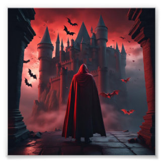 Dracula with Castle and Flying Bats Photo Print